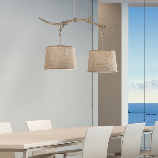 Lampadario bilancere ramo di legno per soggiorno