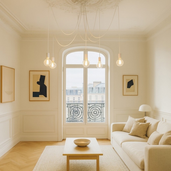 Lampadario bianco moderno con decentramento per soggiorno