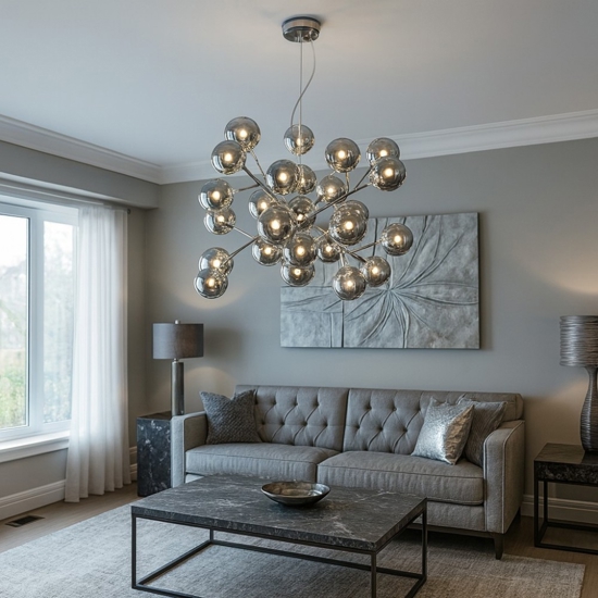 Lampadario moderno dallas per salotto sfere di vetro fume trasparenti maytoni