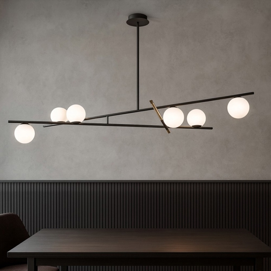Lampadario soggiorno moderno nero e oro 6 sfere bianche miloox kika