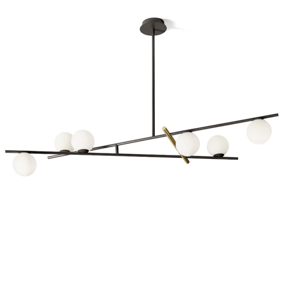 Lampadario soggiorno moderno nero e oro 6 sfere bianche miloox kika