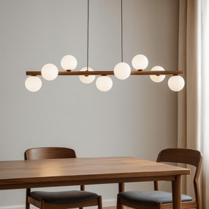 Lampadario moderno di legno per soggiorno sfere vetro bianco