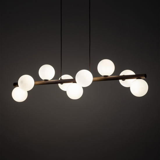 Lampadario moderno di legno per soggiorno sfere vetro bianco