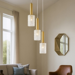 Lampadario dorato 3 luci moderno vetri trasparenti