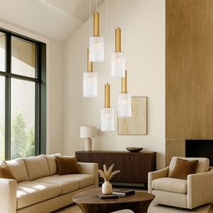 Lampadario dorato 5 vetri pendenti a cascata stile contemporaneo
