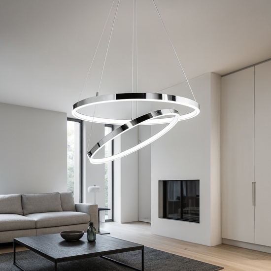 Lampadario moderno led 3000k cerchi cromo per soggiorno