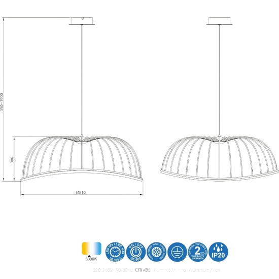 Lampadario cupola led 40w 3000k design moderno nero fp
