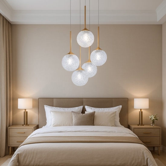 Lampadario elegante pendenti a grappolo oro vetri trasparenti