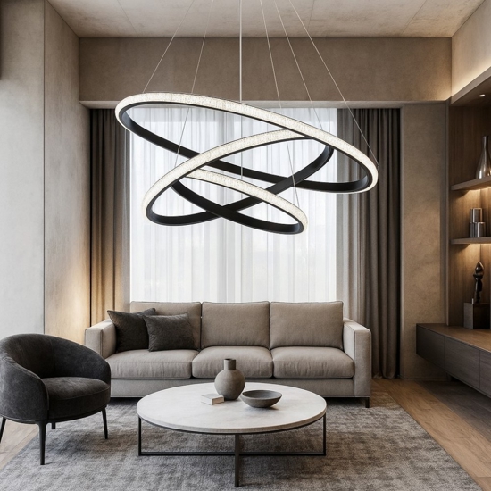 Lampadario design moderno cerchi nero led per salone