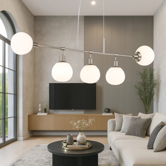 Lampadario erich design moderno nichel sfere vetro bianco per soggiorno maytoni