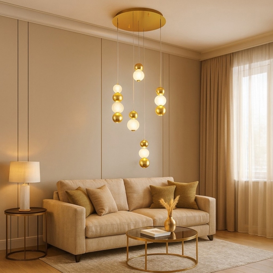 Lampadario elegante per soggiorno contemporaneo sfere oro