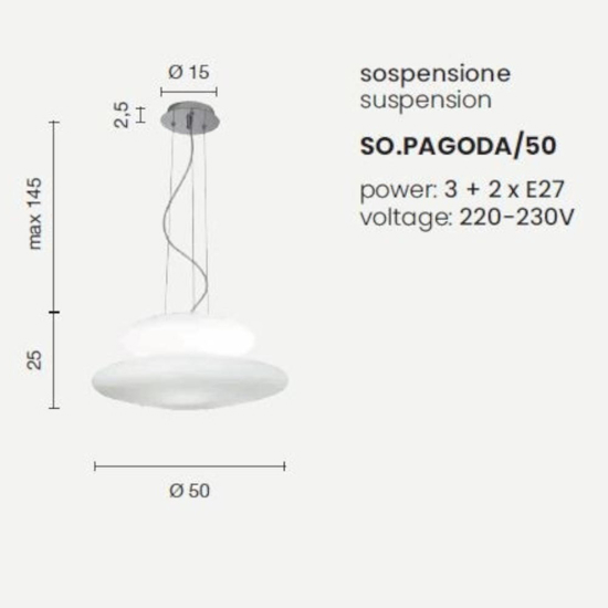 Lampadario moderno so pagoda ondaluce 60cm doppio vetro bianco per soggiorno