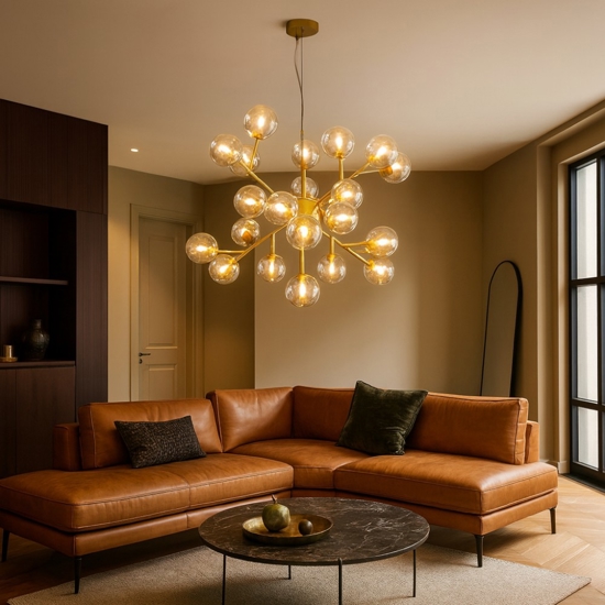 Lampadario dallas moderno oro per soggiorno vetri sfere ambra trasparente maytoni