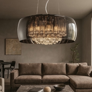 Visualizza i dettagli per Lampadario moderno da salotto tondo con pendenti in vetro Lampadario moderno da salotto tondo con pendenti in vetro