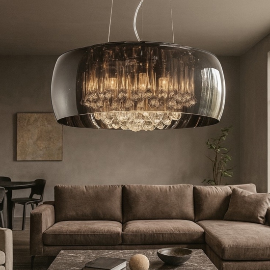 Lampadario moderno da salotto tondo con pendenti in vetro