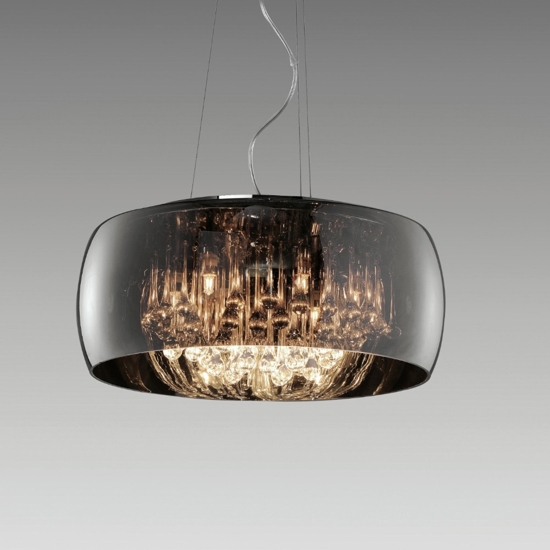 Lampadario moderno da salotto tondo con pendenti in vetro