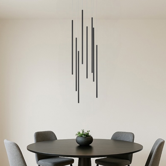 Lampadario nero cilindri pendenti per sala da pranzo moderna