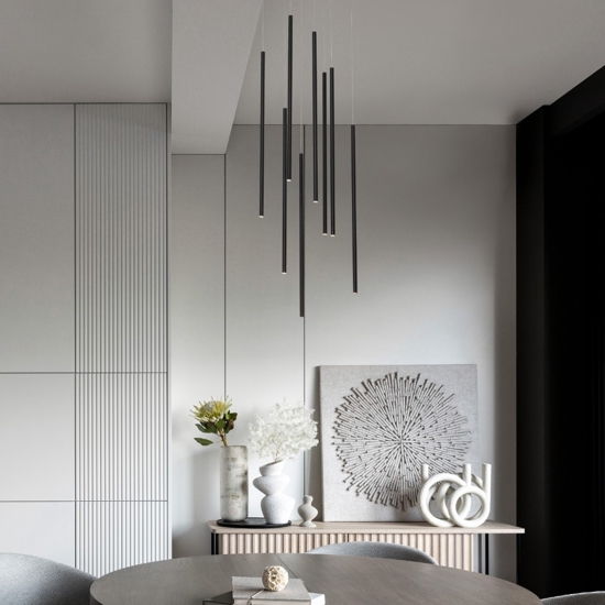 Lampadario nero cilindri pendenti per sala da pranzo moderna