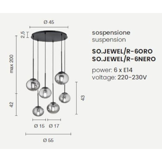 Ondaluce so jewel lampadario sei sfere oro