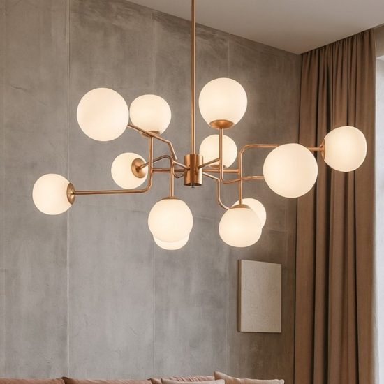 Maytoni lampadario moderno erich per soggiorno oro rosa 12 sfere vetro bianche