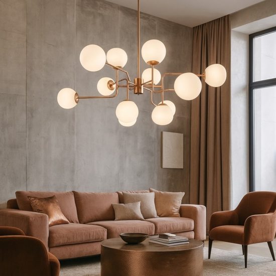 Maytoni lampadario moderno erich per soggiorno oro rosa 12 sfere vetro bianche