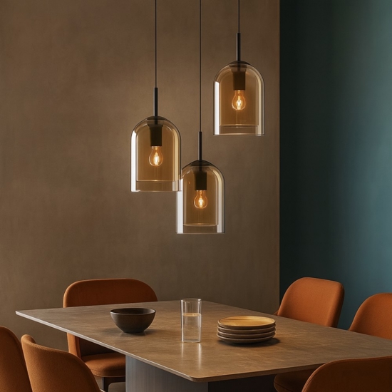 Lampadario moderno doppi vetri ambra trasparente