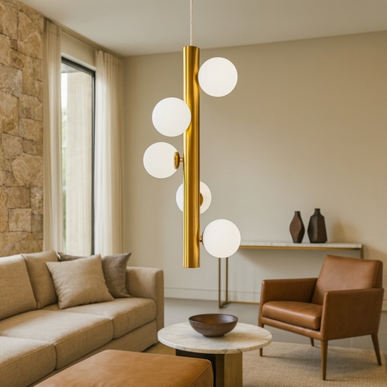 Lampadario verticale design oro sfere vetro bianco