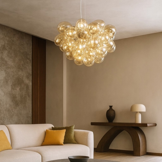 Maytoni lampadario grappolo balbo vetri ambra trasparenti per soggiorno