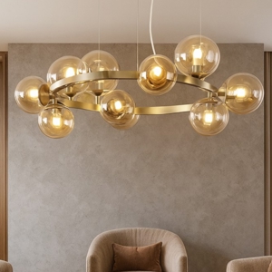 Perlage sp11 ideal lux lampadario oro sfere vetro ambra per sogggiorno