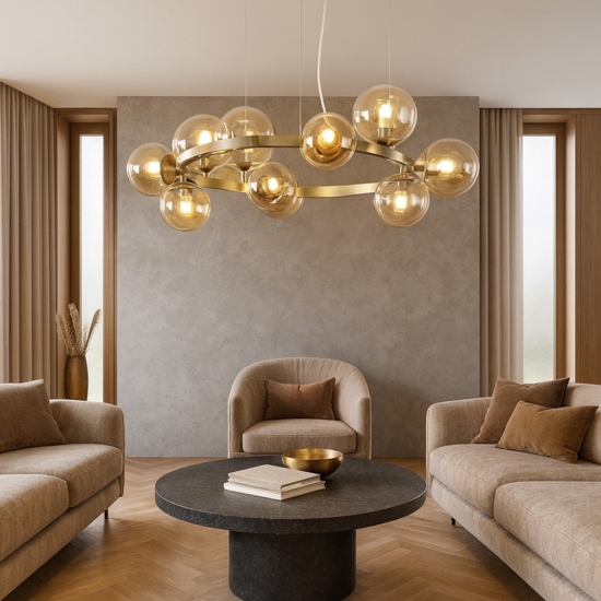 Perlage sp11 ideal lux lampadario oro sfere vetro ambra per sogggiorno