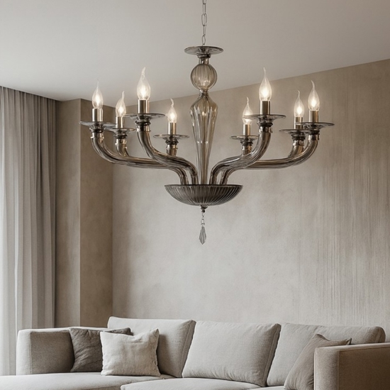 Lp villa ondaluce lampadario 8 luci vetro grigio fumo