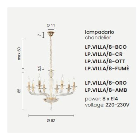 Lp villa ondaluce lampadario 8 luci vetro grigio fumo