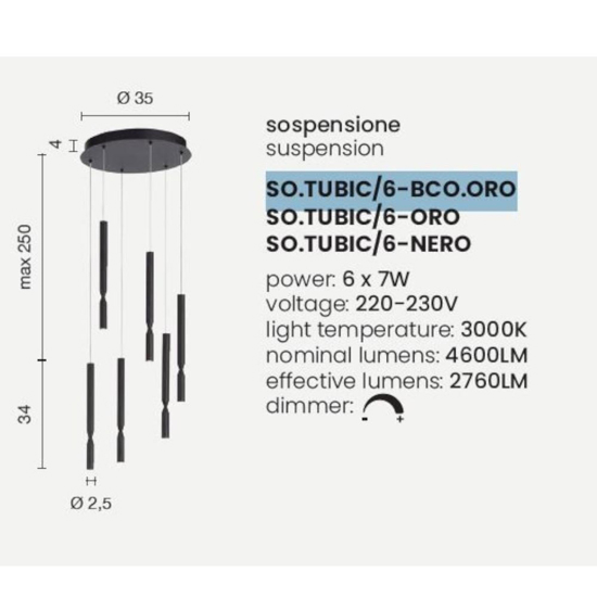 So tubic 6 ondaluce lampadario oro sei luci led 3000k