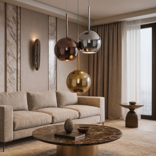 Lampadario moderno 3 luci vetri cromo rame oro future top light