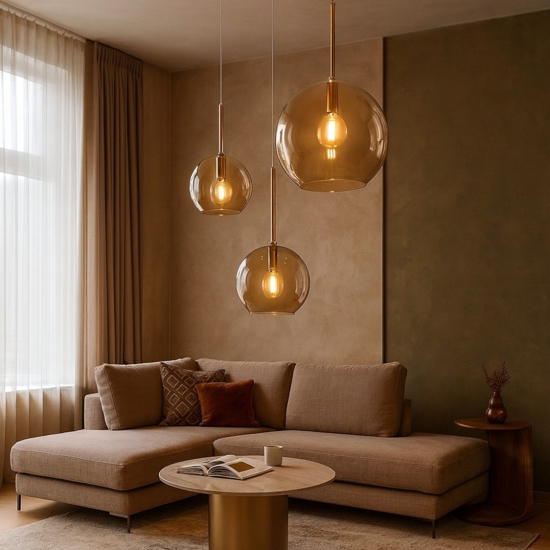 Lampadario per soggiorno tre luci vetri ambra trasparenti