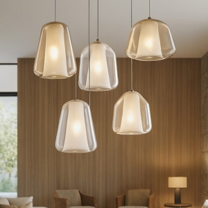 Visualizza i dettagli per Lampadario per soggiorno moderno vetri ambra trasparente Lampadario per soggiorno moderno vetri ambra trasparente