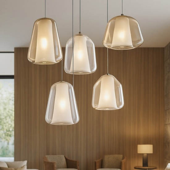 Lampadario per soggiorno moderno vetri ambra trasparente