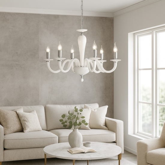 Lampadario ravel ondaluce vetro 6 bracci bianco
