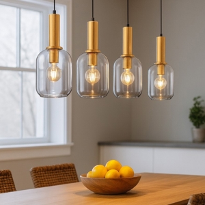 Lampadario da cucina moderna 4 luci con paralumi in vetro