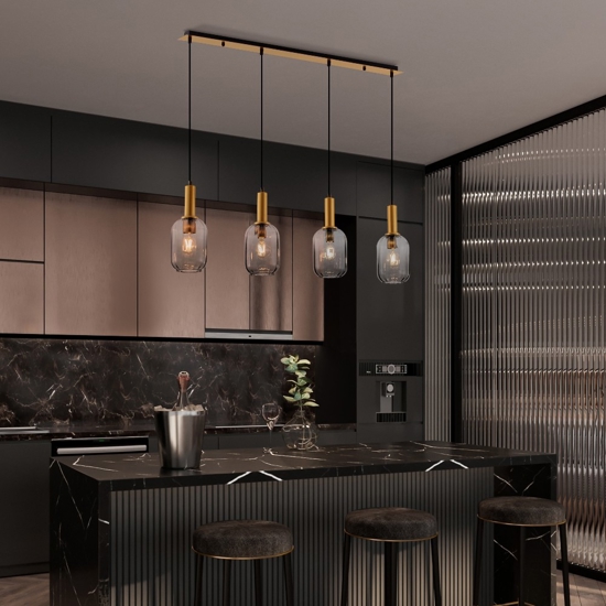 Lampadario da cucina moderna 4 luci con paralumi in vetro