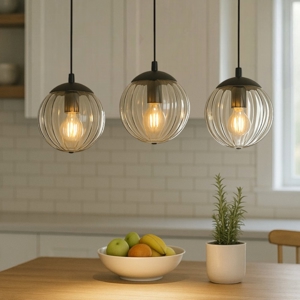 Visualizza i dettagli per Lampadario da cucina con 3 sfere pendenti in vetro fume' Lampadario da cucina con 3 sfere pendenti in vetro fume'