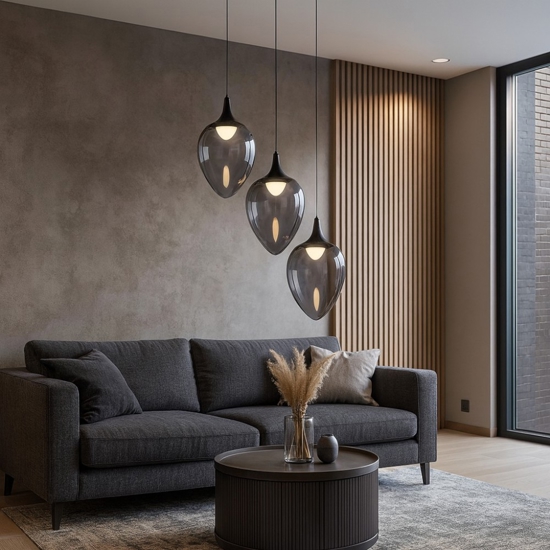Lampadario moderno da salotto led 3000k 3 luci vetro fume'