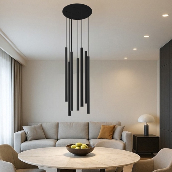 Lampadario per soggioeno moderno cilindri neri pendenti