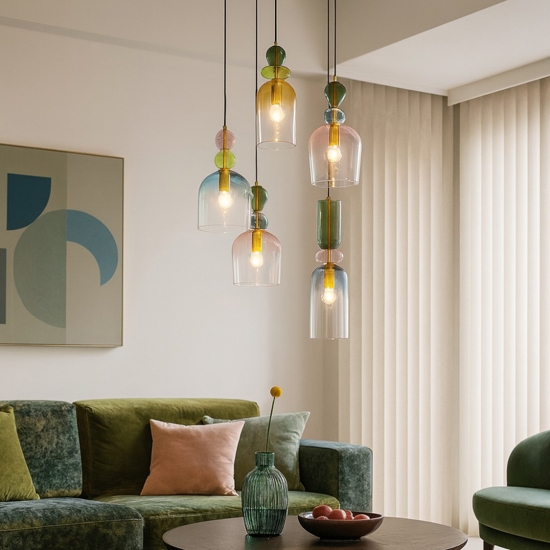 Lampadario per soggiorno moderno vetri multicolor pendenti
