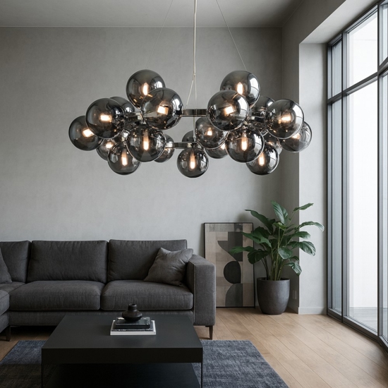 Maytoni lampadario dallas circolare per soggiorno sfere vetro fume trasparenti