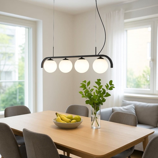 Lampadario moderno nero con sfere di vetro bianco per soggiorno fp