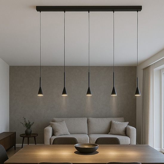 Lampadario moderno nero con pendenti per tavolo soggiorno