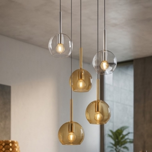 Lampadario per soggiorno vetri sfere ambra trasparente