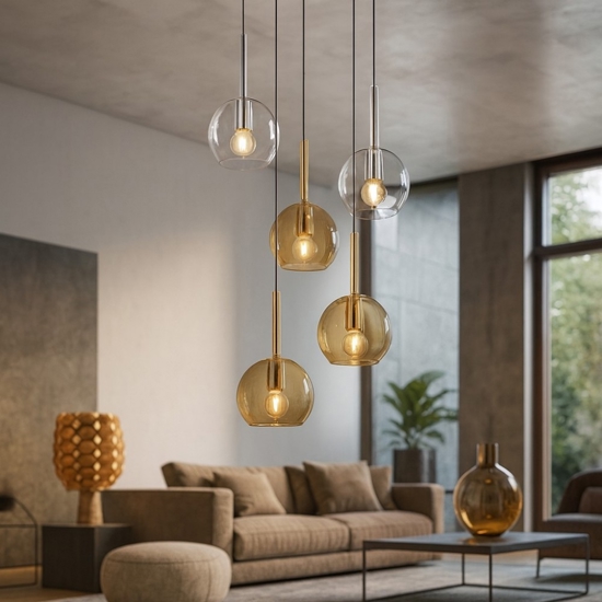 Lampadario per soggiorno vetri sfere ambra trasparente