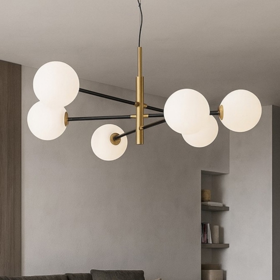 Lampadario elegante per soggiorno nero oro sfere vetro
